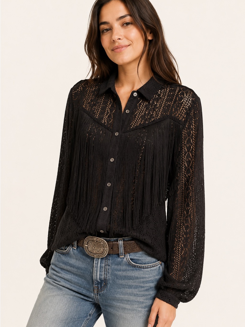 Idyllwind Black Lace Fringe Western Blouse Button Front M - Picture 11 of 11